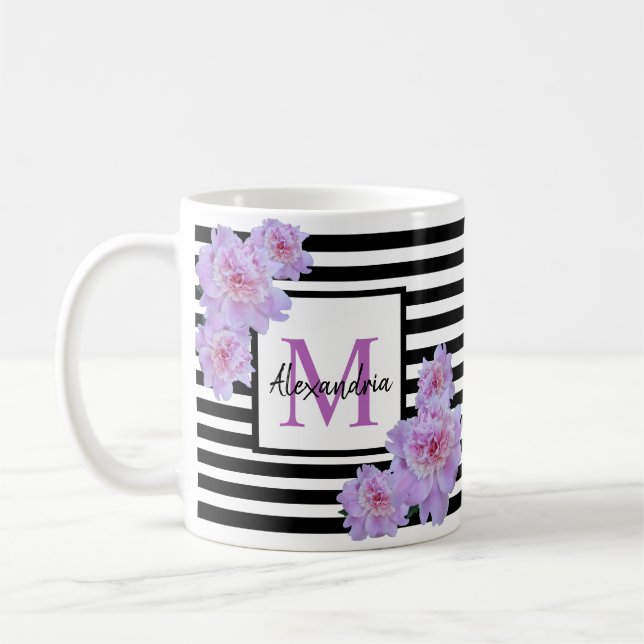 Taza De Café Monograma Nombre Flor rosa Banda negra (Izquierda)
