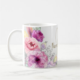 Taza De Café Monograma Nombre Floral Rosa Colorido Plateado Ele