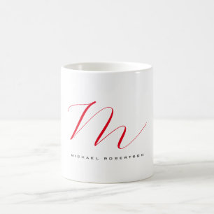 Taza De Café Monograma Nombre inicial Blanco Rojo Único Minimal