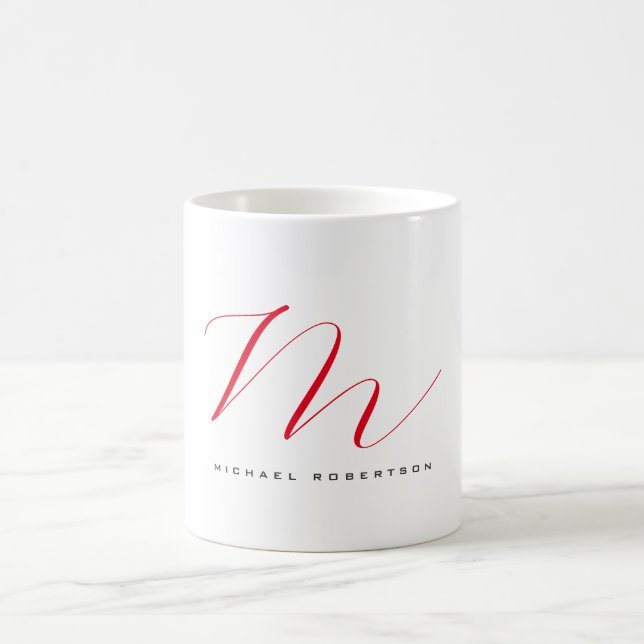 Taza De Café Monograma Nombre inicial Blanco Rojo Único Minimal (Centro)