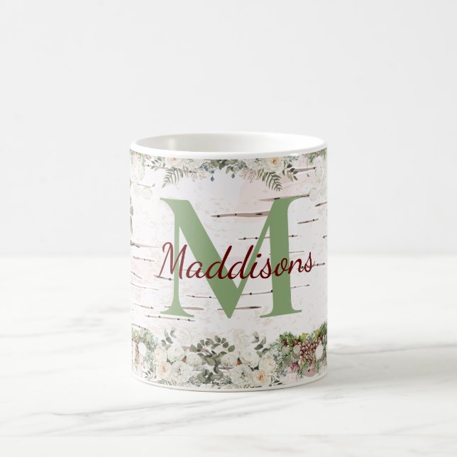 Taza De Café Monograma Nombre Invierno Woodland Pinecone Rosa B (Centro)