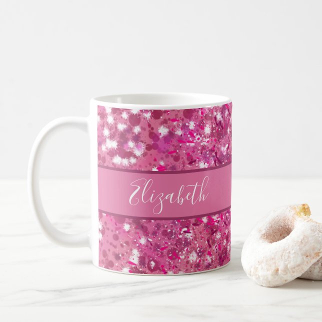Taza De Café Monograma Nombre Purpurina rosado caliente Sparkle (Con donut)
