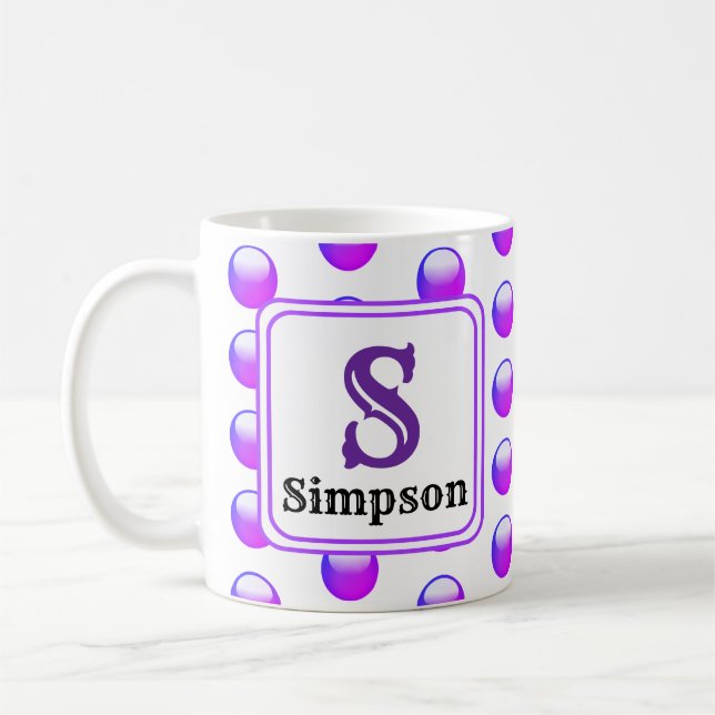 Taza De Café Monograma Nombre Vibrante Punto de Polka Púrpura I (Izquierda)