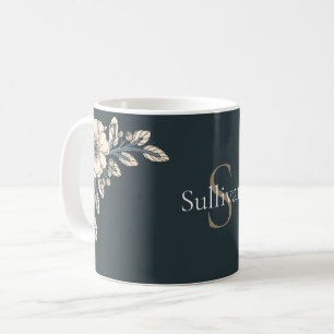 Taza De Café Monograma Oxford Blue Gold Flores elegantes