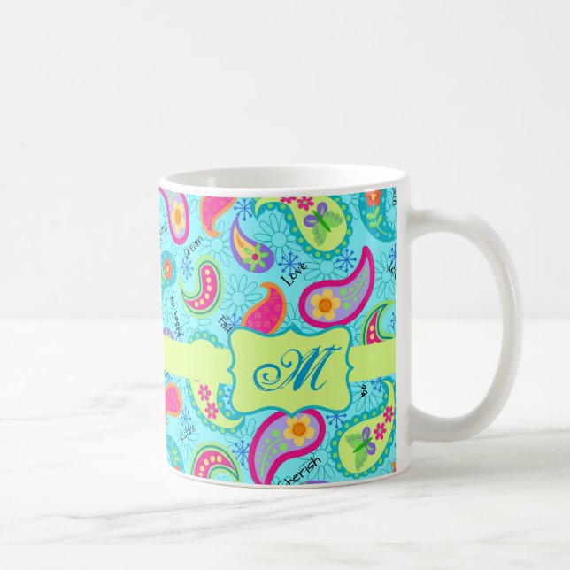 Taza De Café Monograma paisley moderno azul turquesa verde (Derecha)