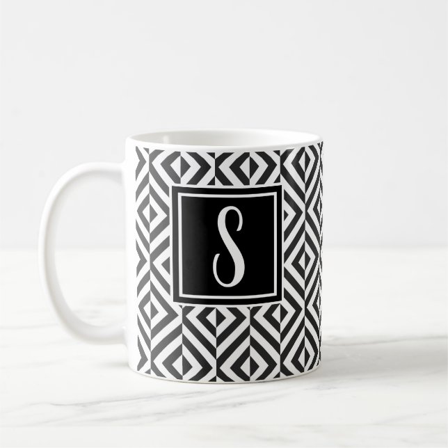 Taza De Café Monograma Patrón de diamante blanco y negro (Izquierda)