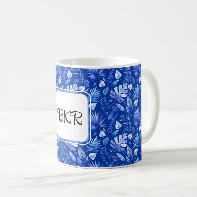 Taza De Café Monograma, patrón de hojas tropicales azul cobalto (Anverso derecho)
