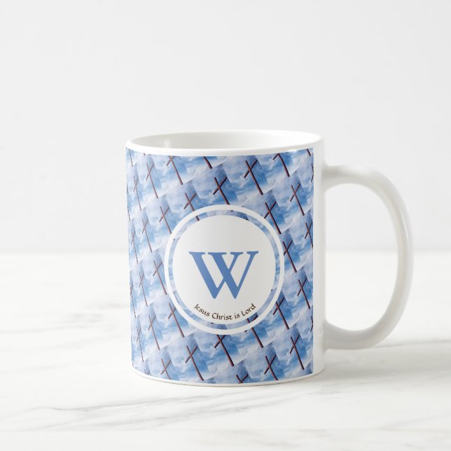Taza De Café Monograma Personalizado azul CRUZ Jesús es el Seño (Derecha)