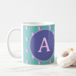 Taza De Café Monograma personalizado Corazones Lilac Verde azul