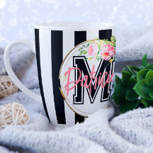 Monograma personalizado de flores rosadas y rayas