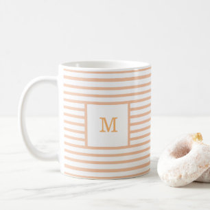 Taza De Café Monograma Personalizado de franjas beiges y blanca