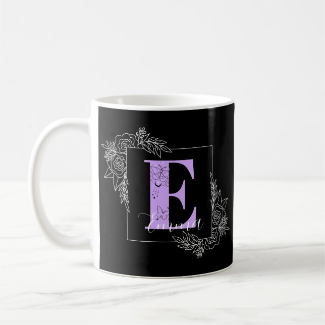 Taza De Café Monograma Personalizado de mariposa morada floral  (Izquierda)