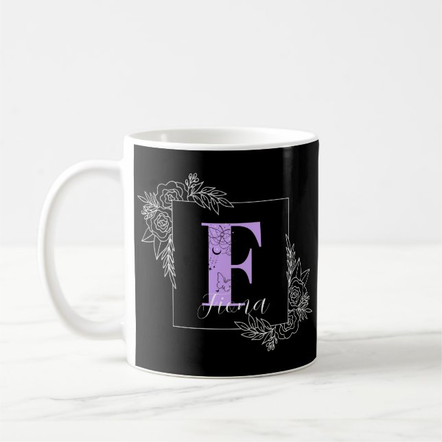 Taza De Café Monograma Personalizado de mariposa morada floral  (Izquierda)