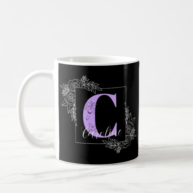 Taza De Café Monograma Personalizado de mariposa morada floral  (Izquierda)
