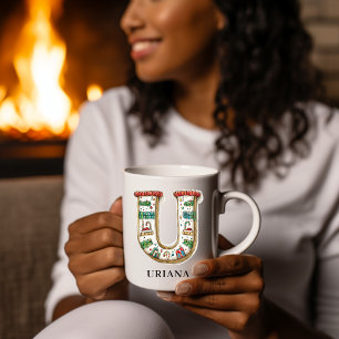Taza De Café Monograma Personalizado de Navidad Inicial U Festi