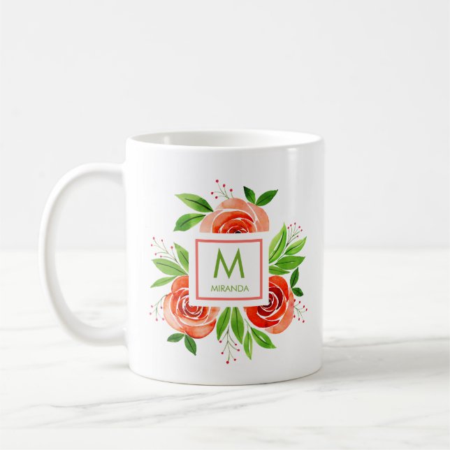Taza De Café Monograma personalizado de Rosas de coral de acuar (Izquierda)