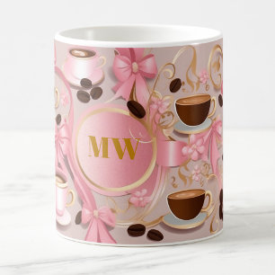 Taza De Café Monograma personalizado elegante de flores rosas y