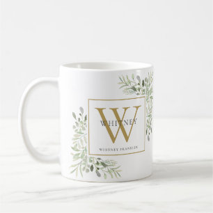 Taza De Café Monograma Personalizado Elegante Verde Dorado
