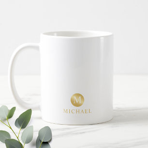 Taza De Café Monograma personalizado en blanco y oro de lujo