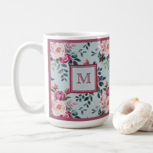 Taza De Café Monograma Personalizado Floral Rosa Polvoriento Gr