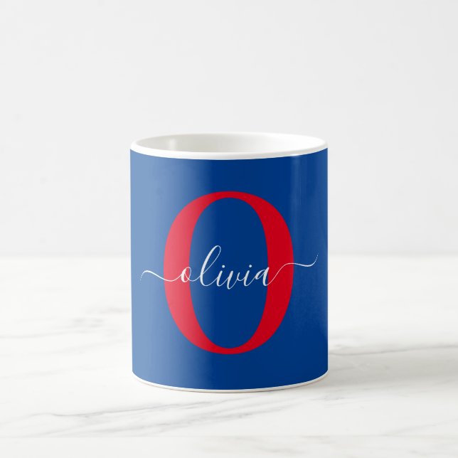 Taza De Café Monograma personalizado Nombre de guión Azul Blanc (Centro)