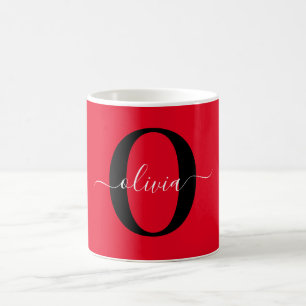 Taza De Café Monograma personalizado Nombre de guión rojo blanc