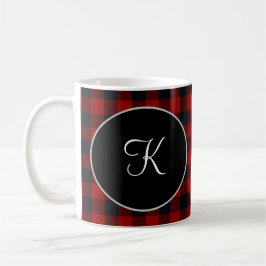 Taza De Café Monograma Personalizado Plaid Búfalo Rojo y Negro