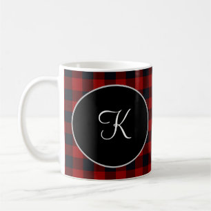 Taza De Café Monograma Personalizado Plaid Búfalo Rojo y Negro