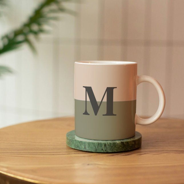 Taza De Café Monograma Personalizado Rubor Pink Sage Green (Pink and Sage Green Monogram Mug)