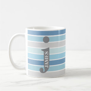 Taza De Café Monograma Personalizado 'Tonos de Azul' Rayado