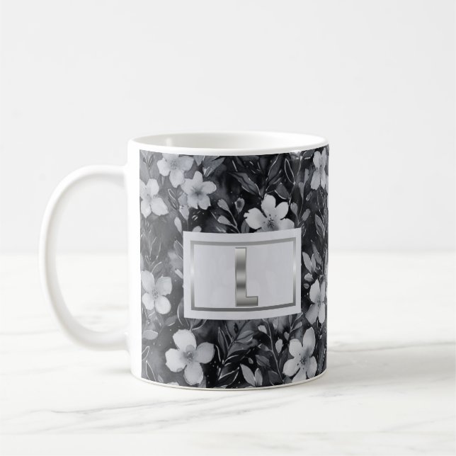 Taza De Café Monograma Plata Letra Floral acuarela (Izquierda)