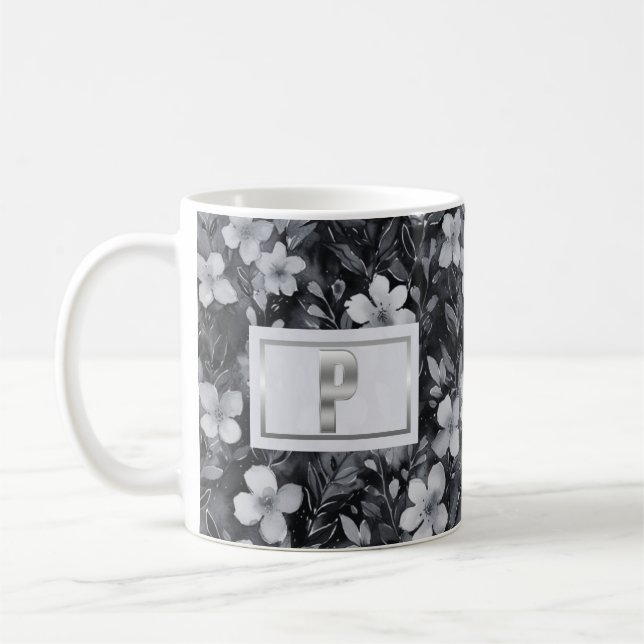Taza De Café Monograma Plata Letra Floral acuarela (Izquierda)
