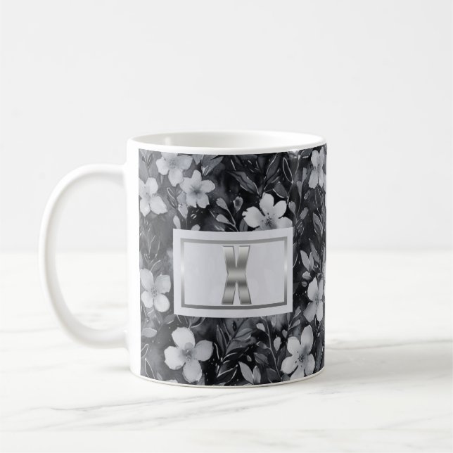 Taza De Café Monograma Plata Letra Floral acuarela (Izquierda)