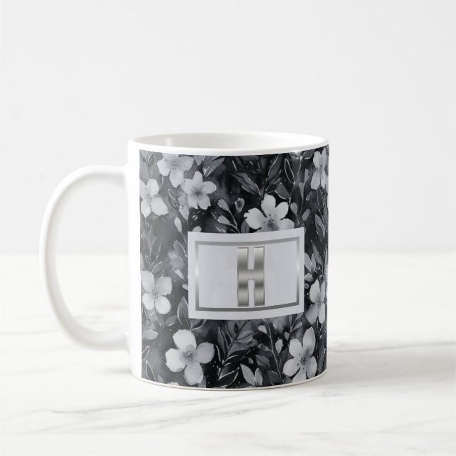 Taza De Café Monograma Plata Letra Floral acuarela (Izquierda)