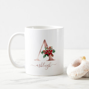 Taza De Café Monograma Poinsettia en Oro Rosa Script