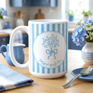Taza De Café Monograma Preppy de Raya Blanca Azul Caprichosa