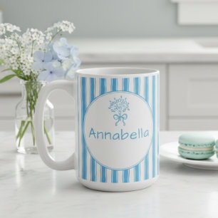 Taza De Café Monograma Preppy de Raya Blanca Azul Caprichosa