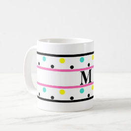 Taza De Café Monograma puntos de Polka amarillo rosa azul