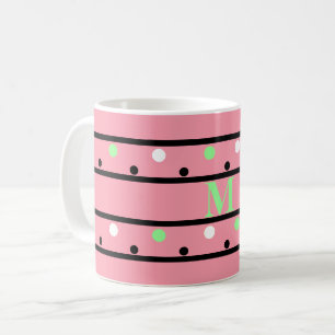 Taza De Café Monograma puntos de Polka Blanco Rosa Verde