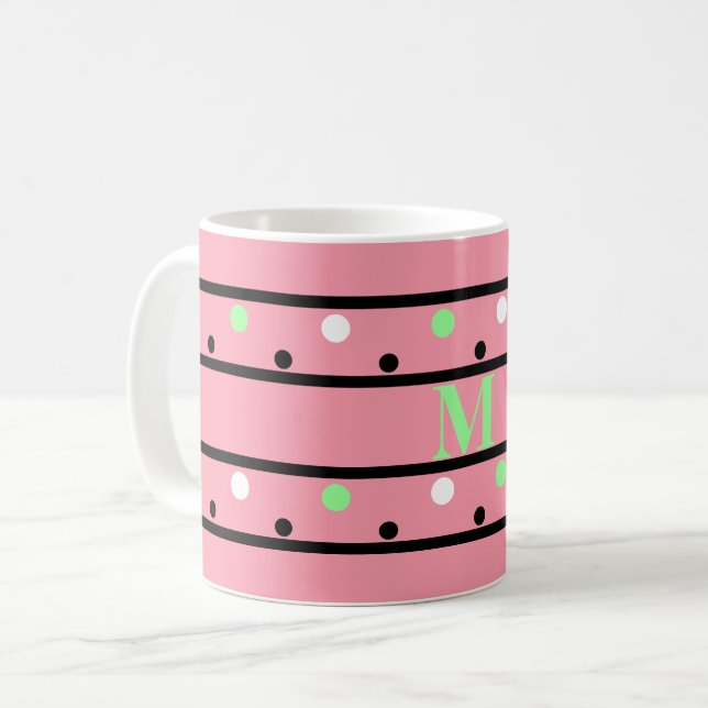 Taza De Café Monograma puntos de Polka Blanco Rosa Verde (Anverso izquierdo)