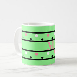 Taza De Café Monograma puntos de Polka Blanco Verde Rosa