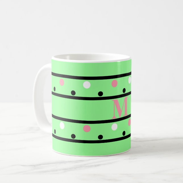 Taza De Café Monograma puntos de Polka Blanco Verde Rosa (Anverso izquierdo)