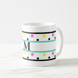 Taza De Café Monograma puntos de polka rosa amarillo turquesa