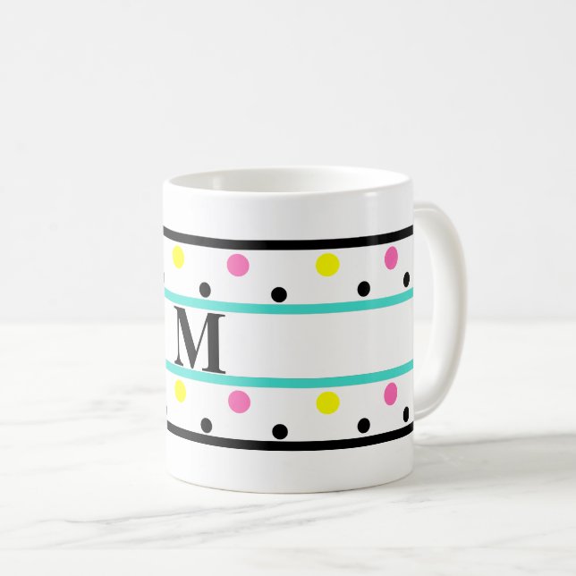 Taza De Café Monograma puntos de polka rosa amarillo turquesa (Anverso derecho)