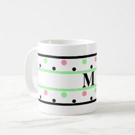 Taza De Café Monograma puntos de Polka Rosa Verde