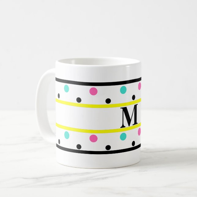 Taza De Café Monograma puntos de Polka Turquesa Rosa Amarillo (Anverso izquierdo)