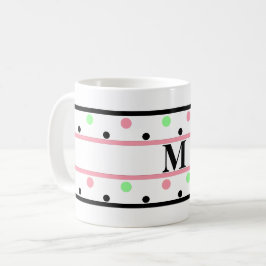 Taza De Café Monograma puntos de Polka Verde Rosa