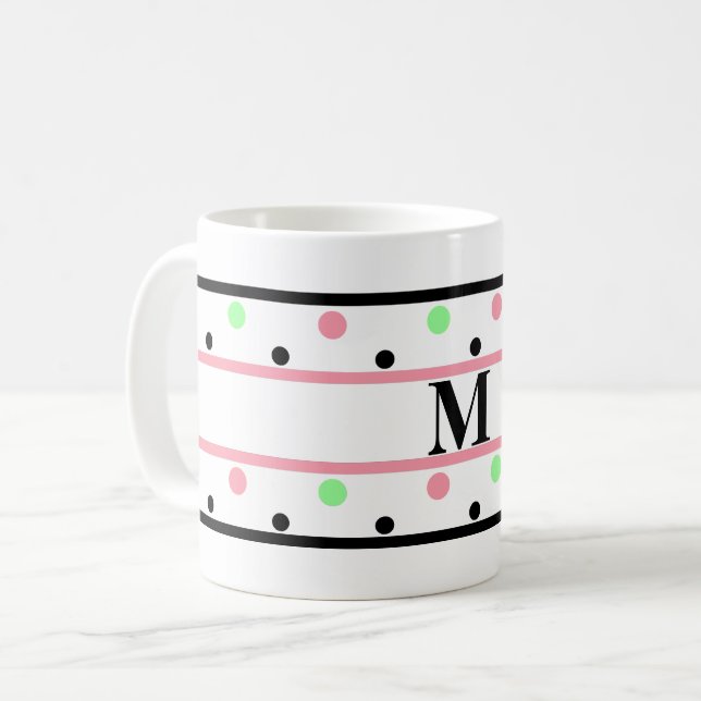 Taza De Café Monograma puntos de Polka Verde Rosa (Anverso izquierdo)