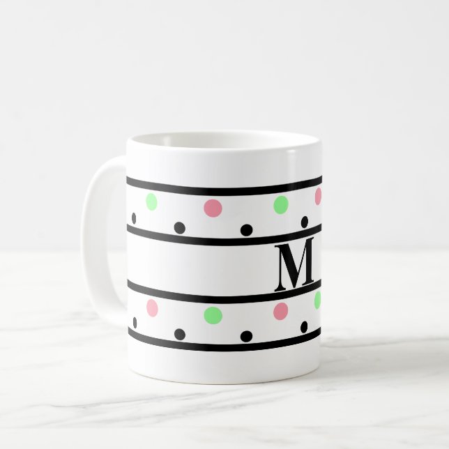 Taza De Café Monograma puntos de Polka Verde Rosa Negro (Anverso izquierdo)