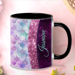 Taza De Café Monograma purpurina de imitación de plata rosa de